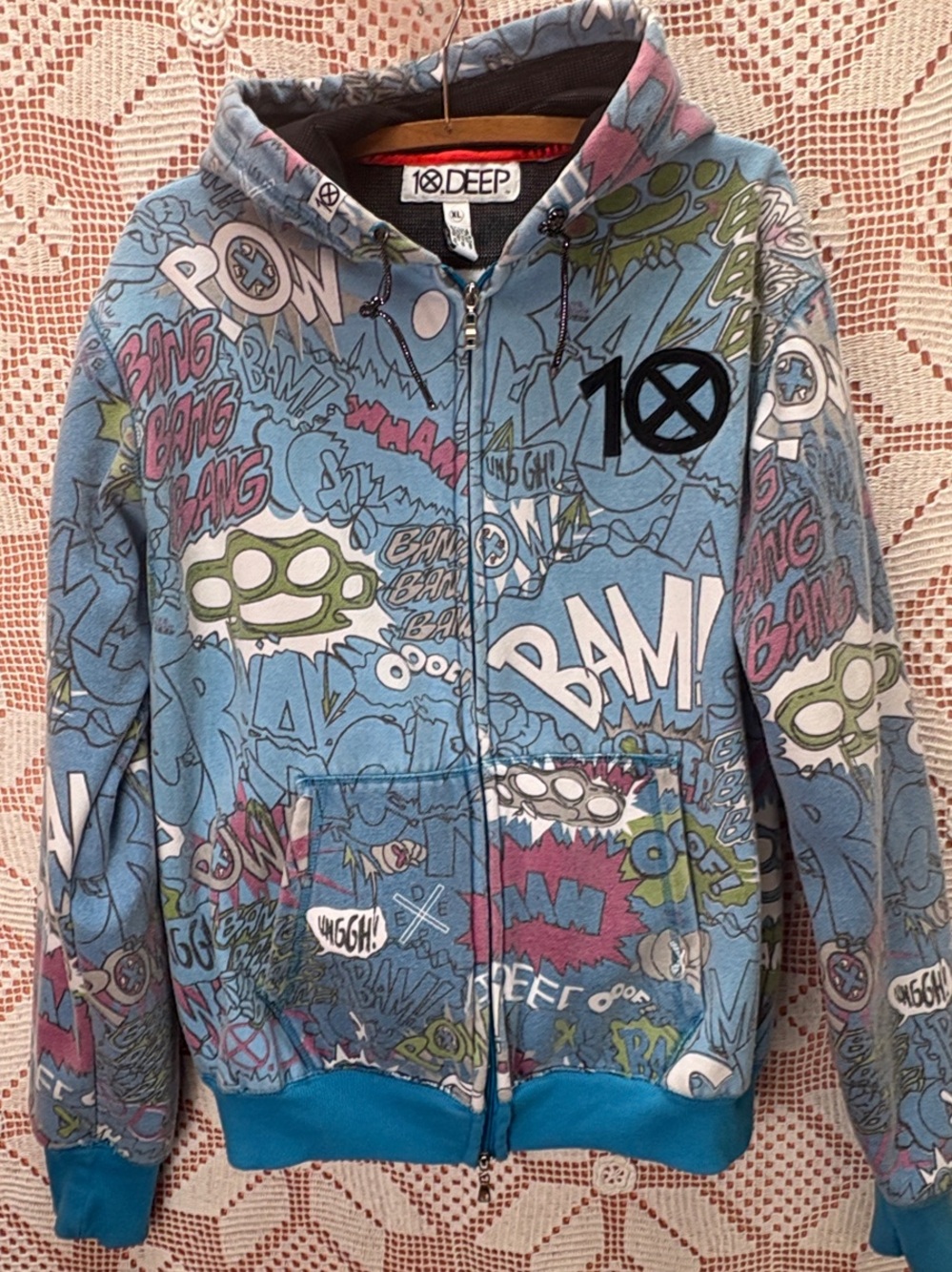 10.Deep XL Comic Book Graffiti Full-Zip Hoodie Y2K Streetwear